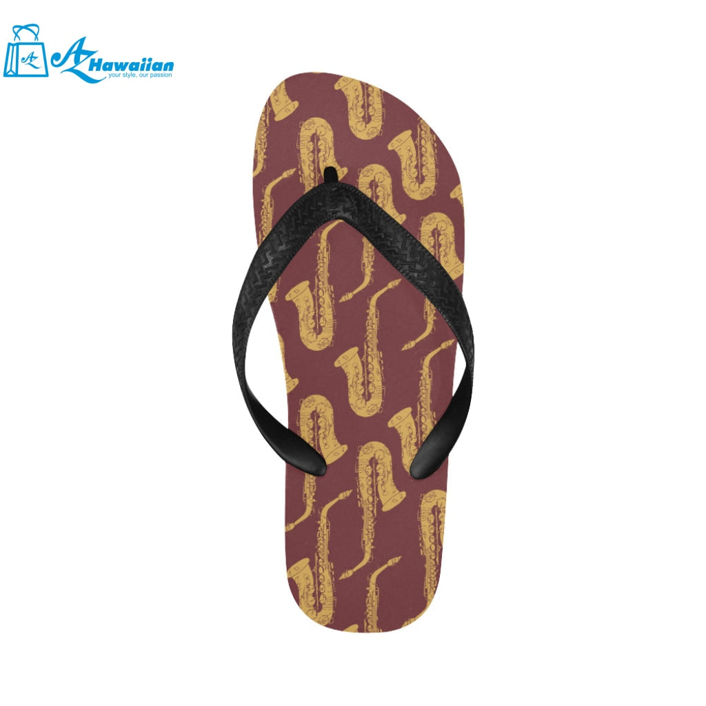 Hand drawn gold saxophone red background Unisex Flip Flops