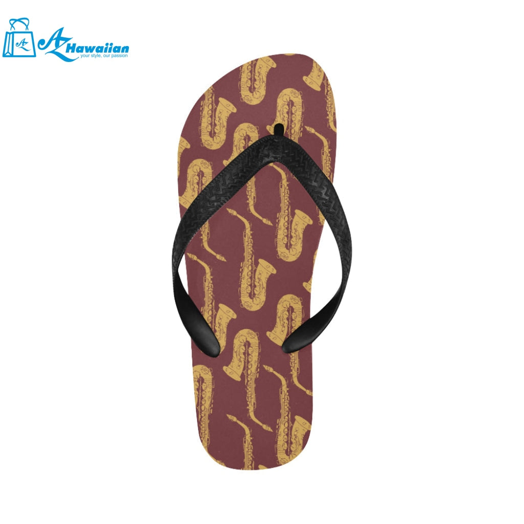 Hand drawn gold saxophone red background Unisex Flip Flops