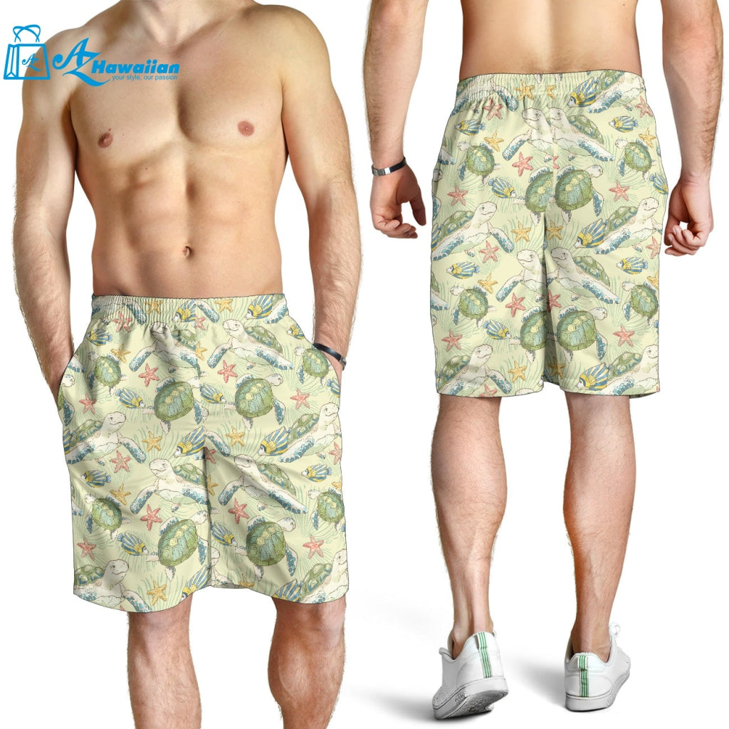 Hand Drawn Sea Turtle Fish Pattern Men Shorts