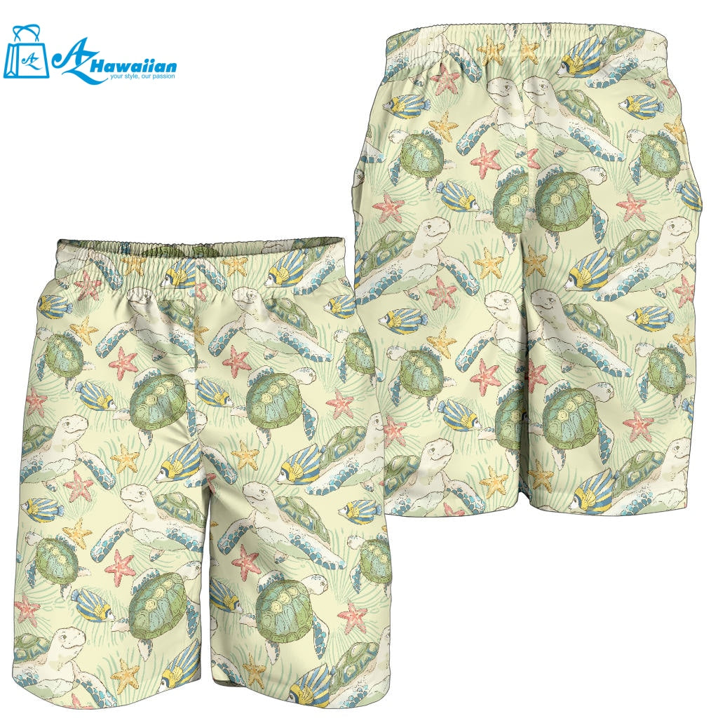 Hand Drawn Sea Turtle Fish Pattern Men Shorts