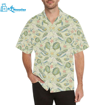 Hand Drawn Sea Turtle Fish Pattern Mens All Over Print Hawaiian Shirt