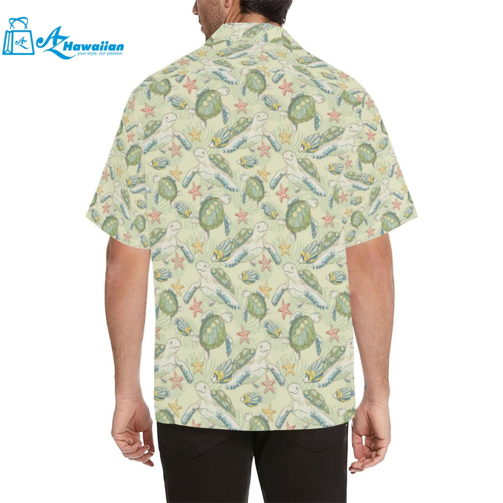 Hand Drawn Sea Turtle Fish Pattern Mens All Over Print Hawaiian Shirt