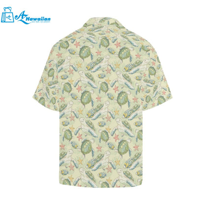 Hand Drawn Sea Turtle Fish Pattern Mens All Over Print Hawaiian Shirt