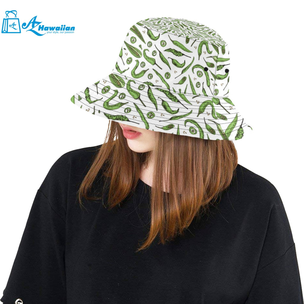 Hand drawn sketch style green Chili peppers patter Unisex Bucket Hat