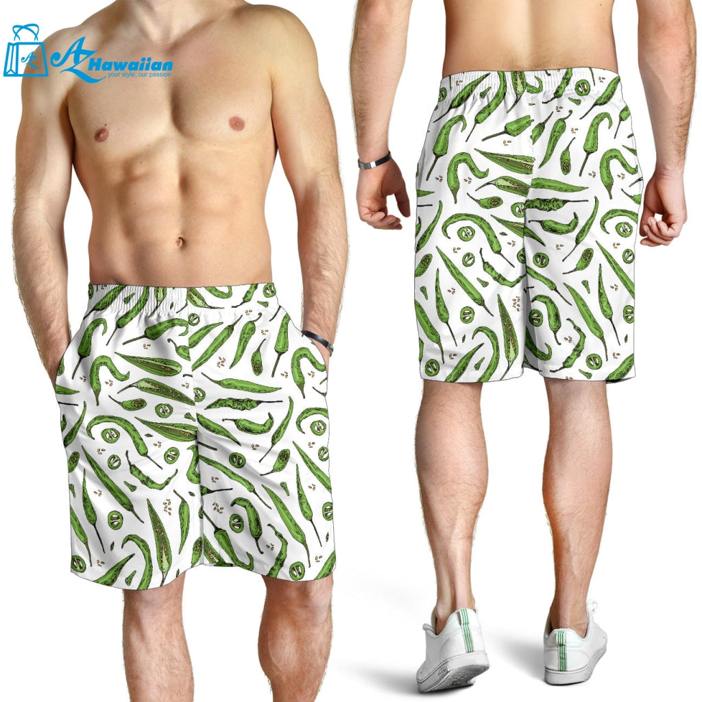 Hand Drawn Sketch Style Green Chili Peppers Pattern Men Shorts