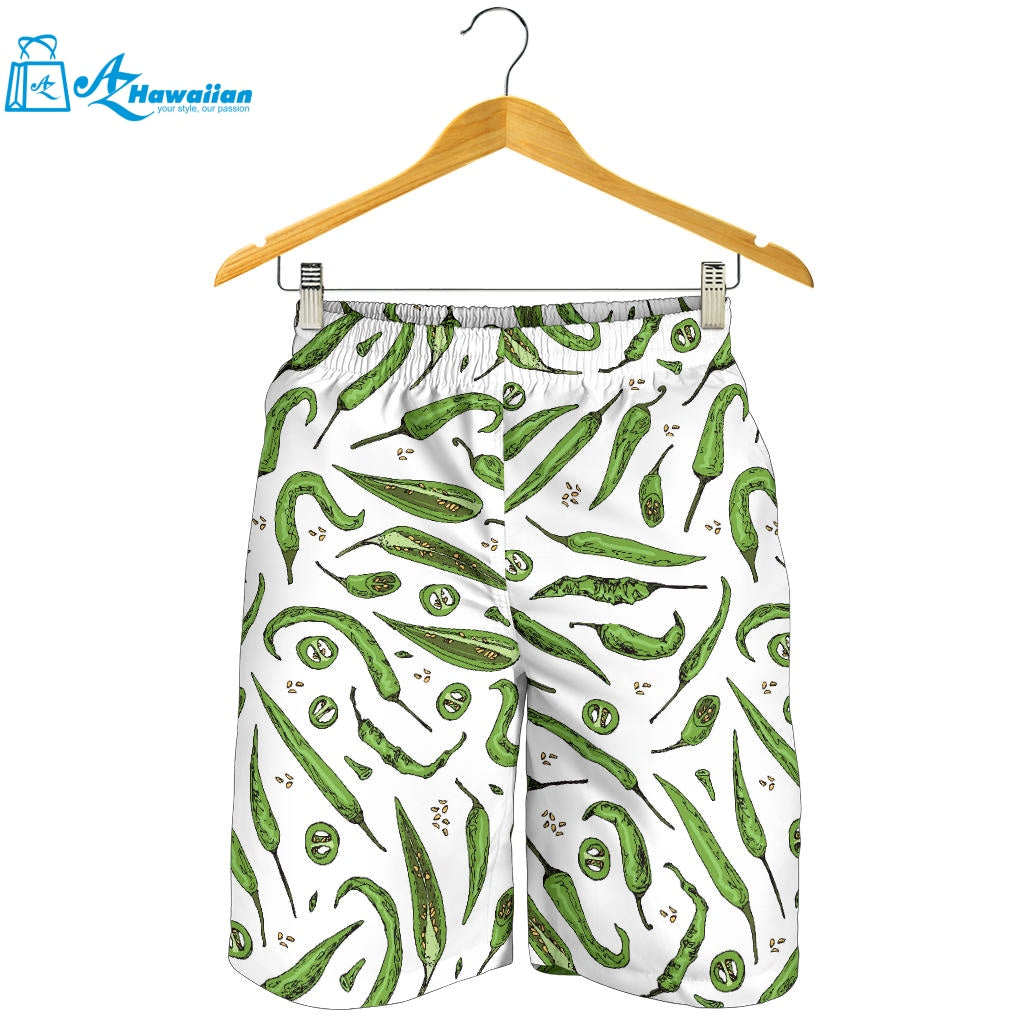 Hand Drawn Sketch Style Green Chili Peppers Pattern Men Shorts