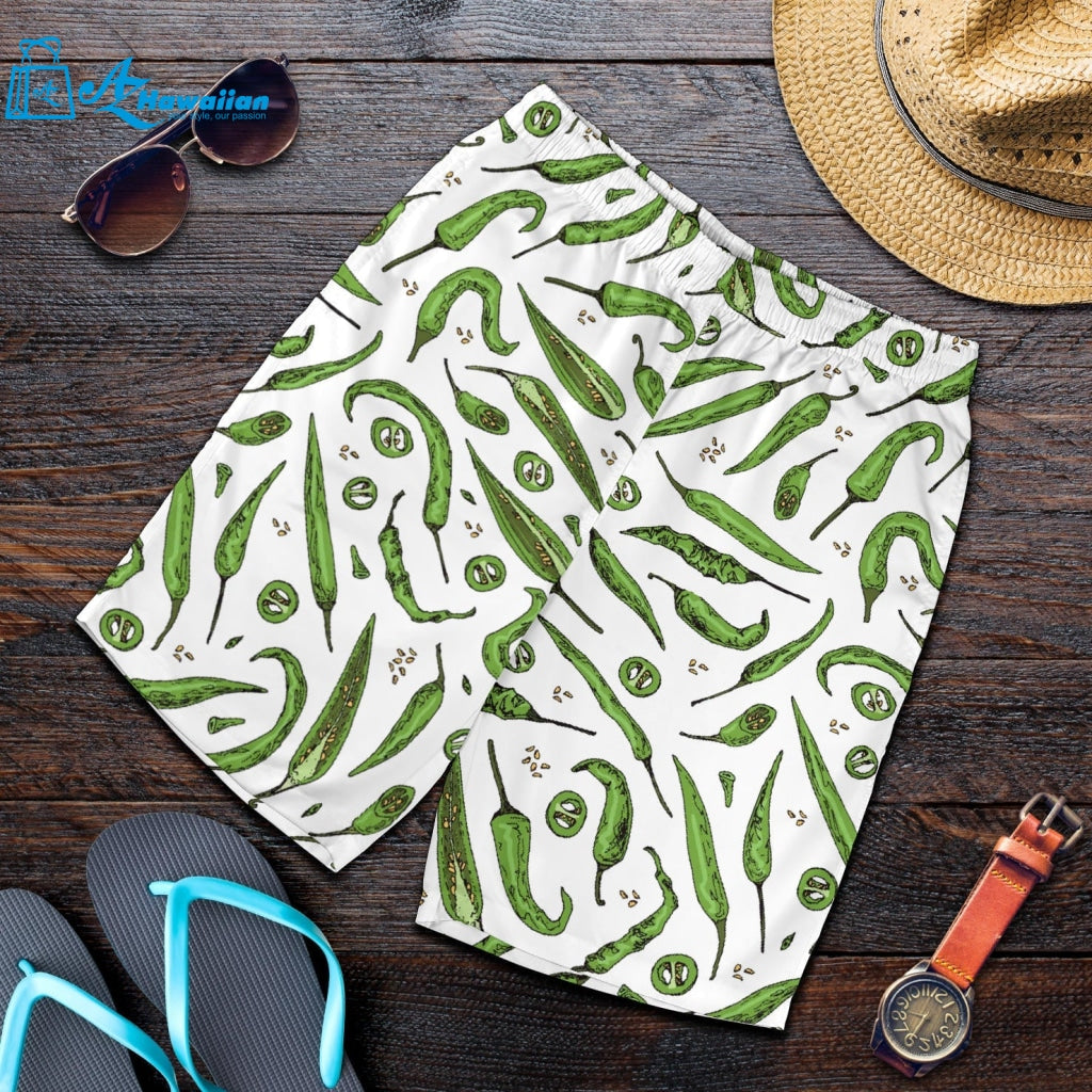 Hand Drawn Sketch Style Green Chili Peppers Pattern Men Shorts