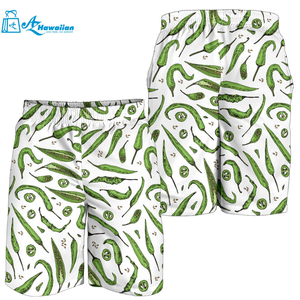 Hand Drawn Sketch Style Green Chili Peppers Pattern Men Shorts