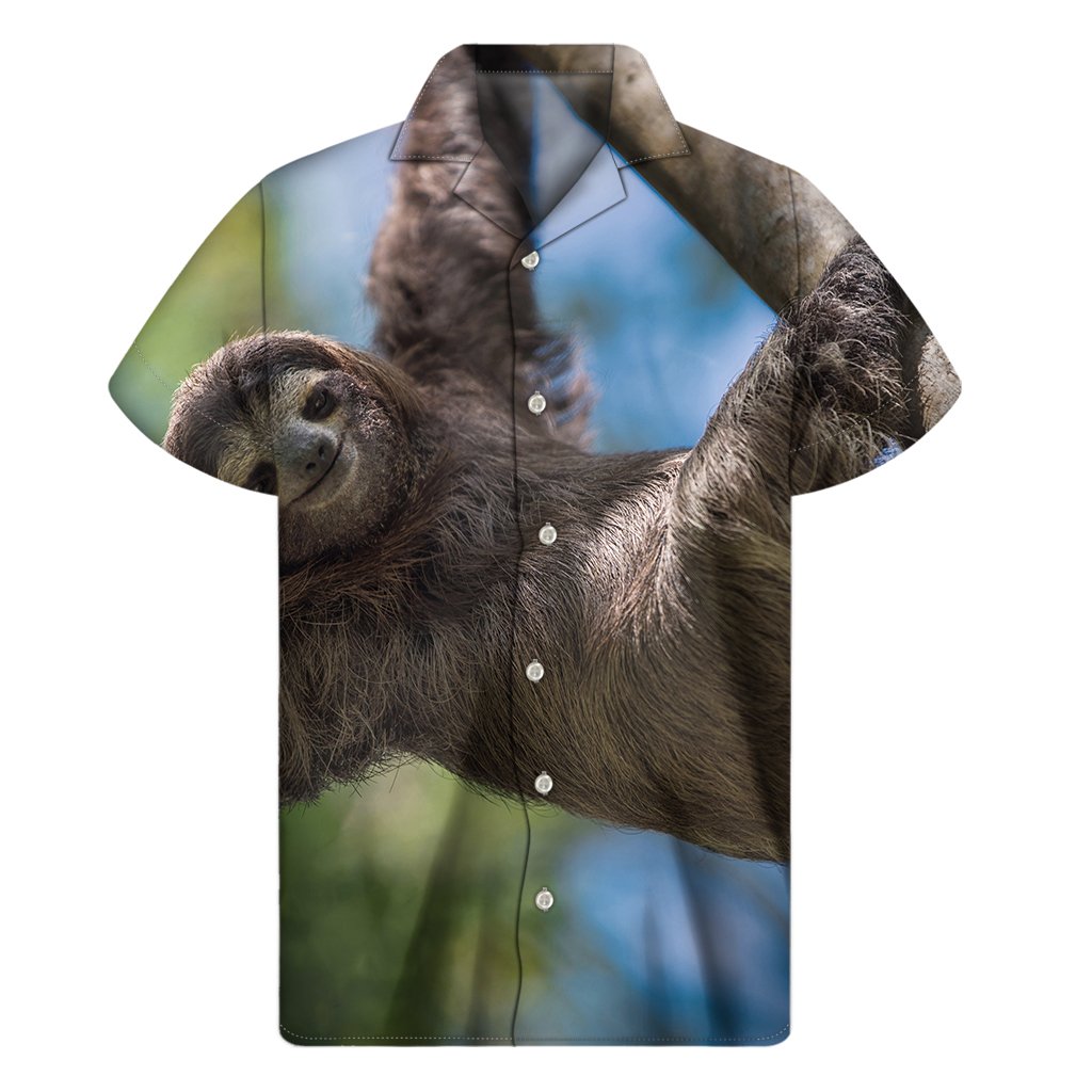 Happy Sloth Print Mens Short Sleeve Shirt Hawaiian