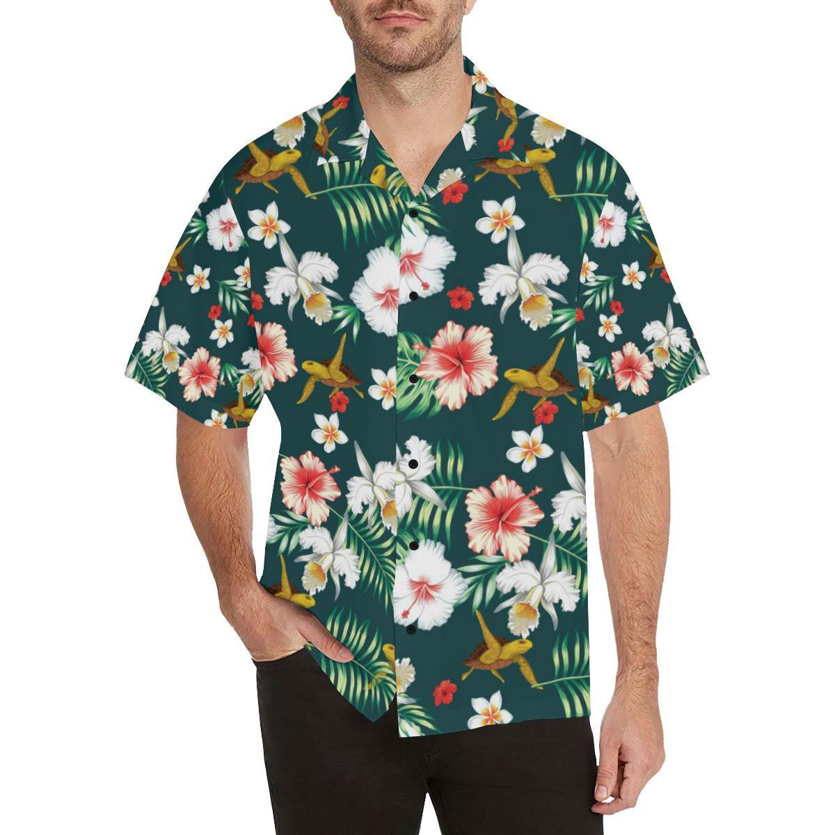 Hawaiian Flower Design With Seaturtle Print Shirt