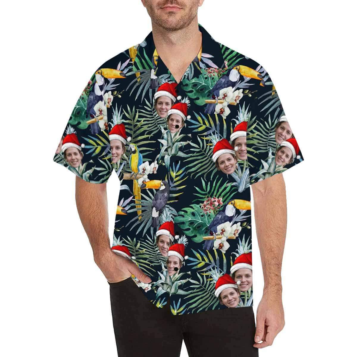 Custom Face Christmas Flower Parrot Men's All Over Print Hawaiian Shirt