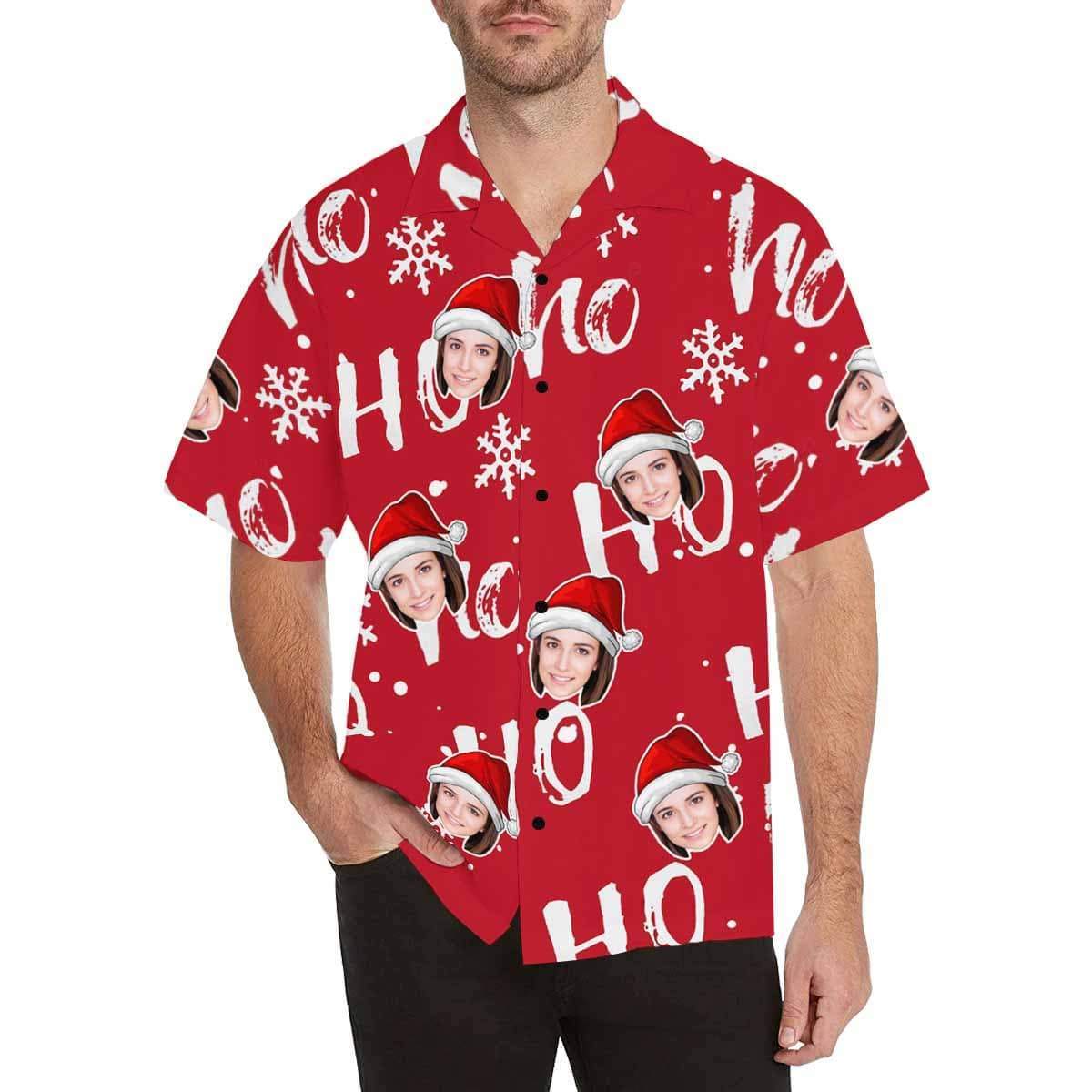 Custom Face Christmas Ho Red Men's All Over Print Hawaiian Shirt