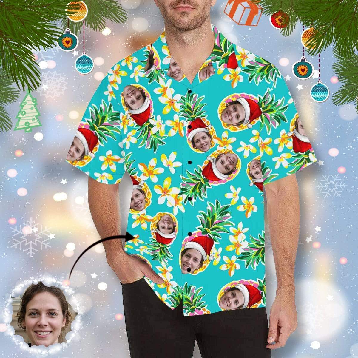 Custom Face Christmas Pineapple Men's All Over Print Hawaiian Shirt