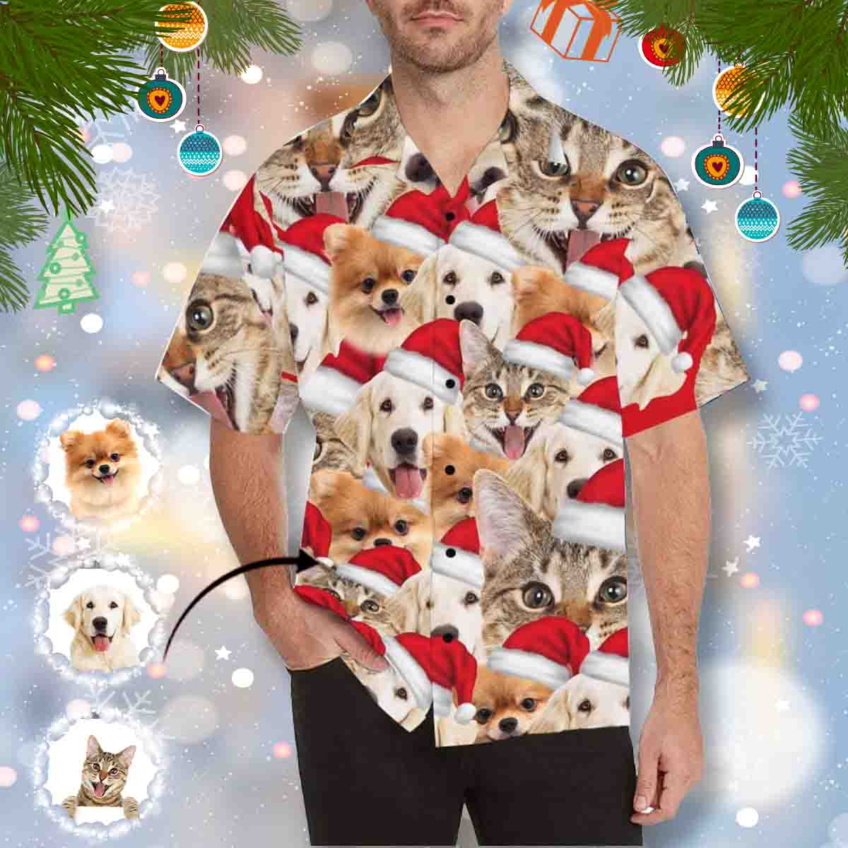 Custom Face Pet Christmas Hat Seamless Men's All Over Print Hawaiian Shirt