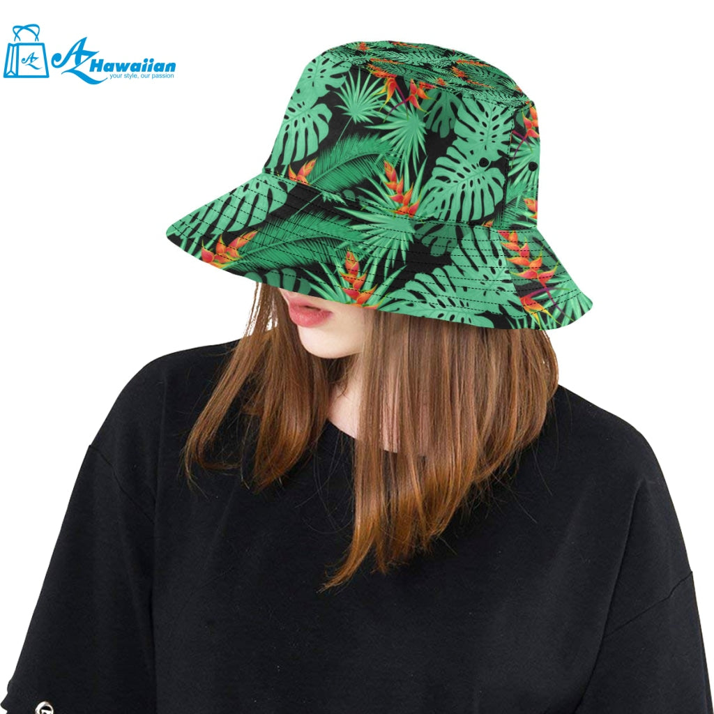 heliconia flower palm monstera leaves black backgr Unisex Bucket Hat