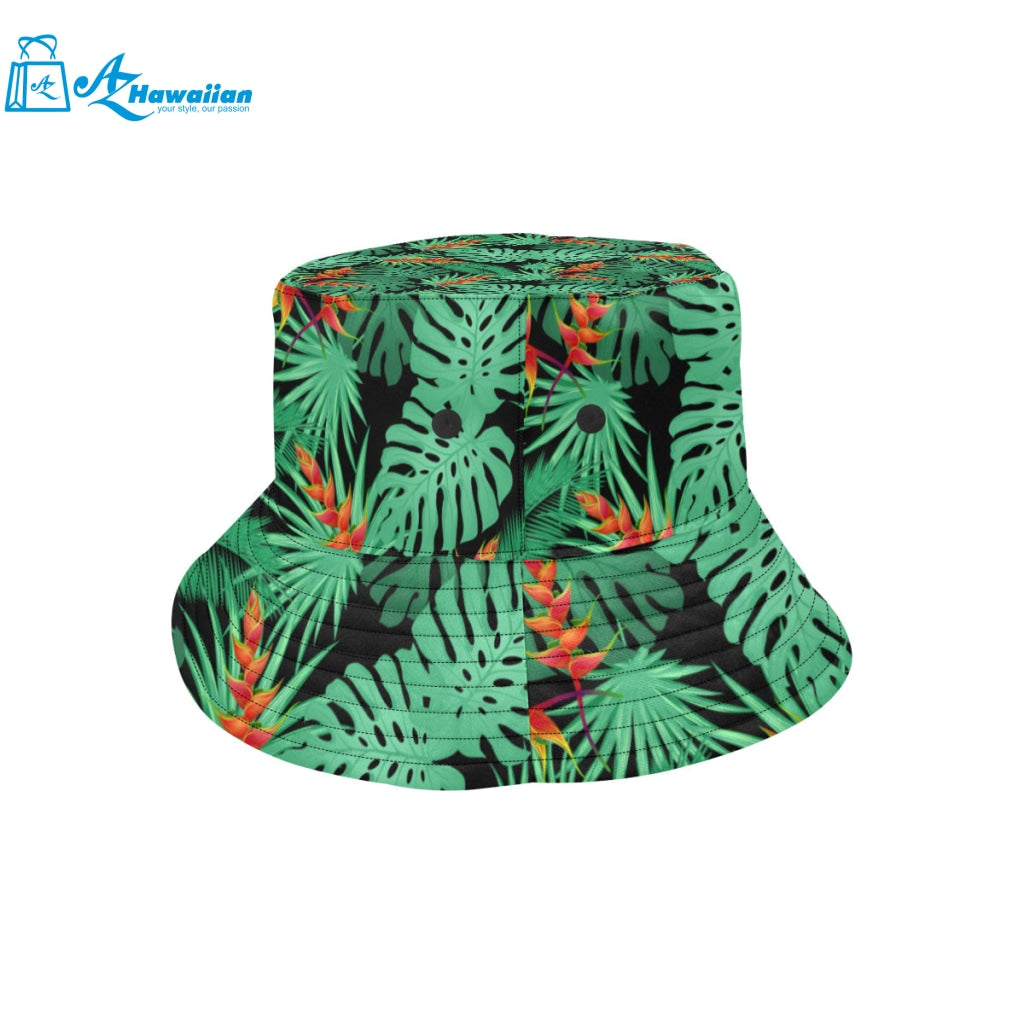 heliconia flower palm monstera leaves black backgr Unisex Bucket Hat