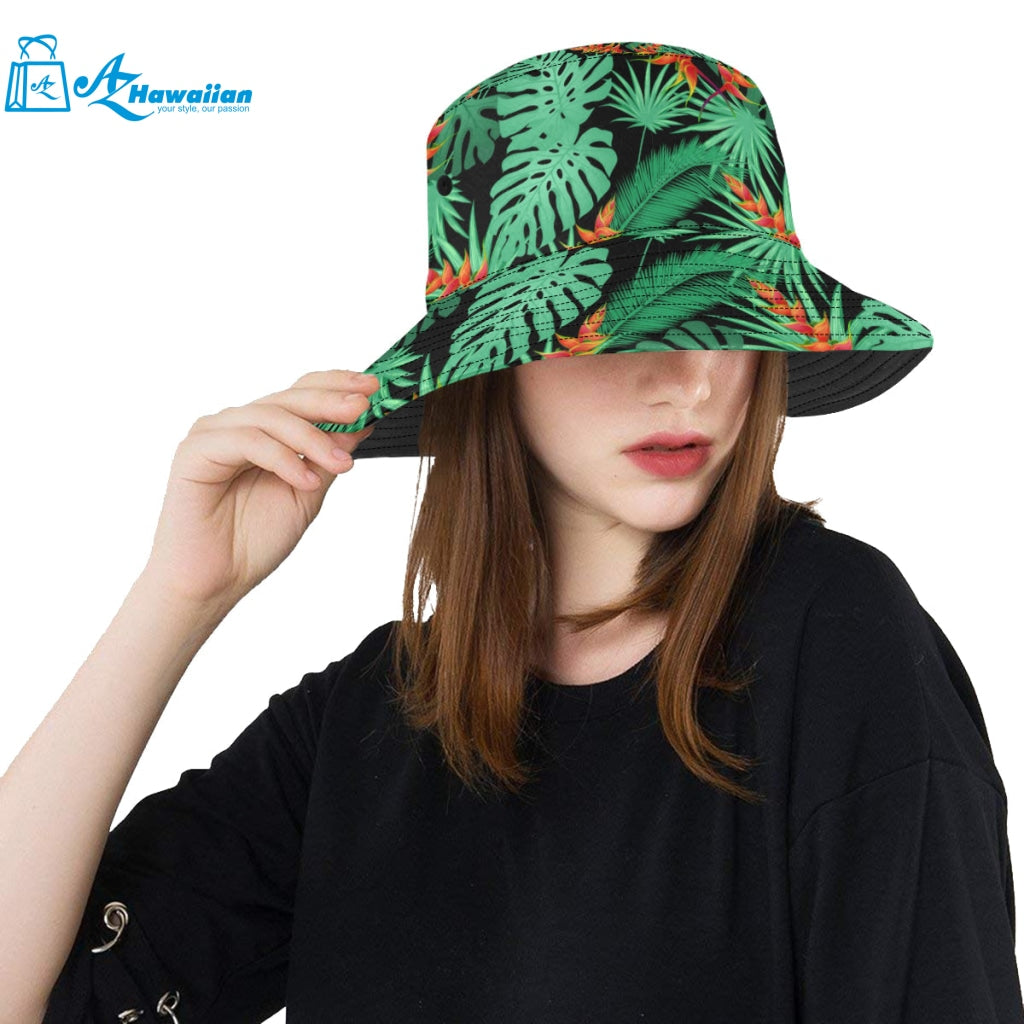 heliconia flower palm monstera leaves black backgr Unisex Bucket Hat