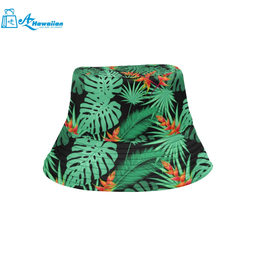 heliconia flower palm monstera leaves black backgr Unisex Bucket Hat