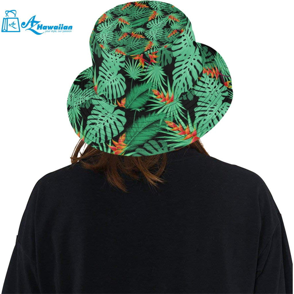 heliconia flower palm monstera leaves black backgr Unisex Bucket Hat