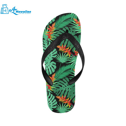 heliconia flower palm monstera leaves black backgr Unisex Flip Flops