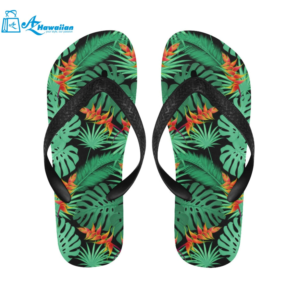 heliconia flower palm monstera leaves black backgr Unisex Flip Flops