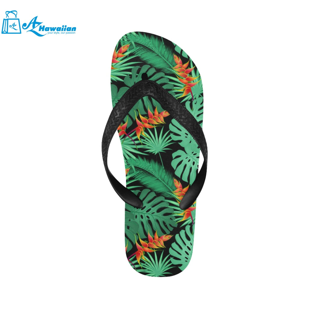 heliconia flower palm monstera leaves black backgr Unisex Flip Flops