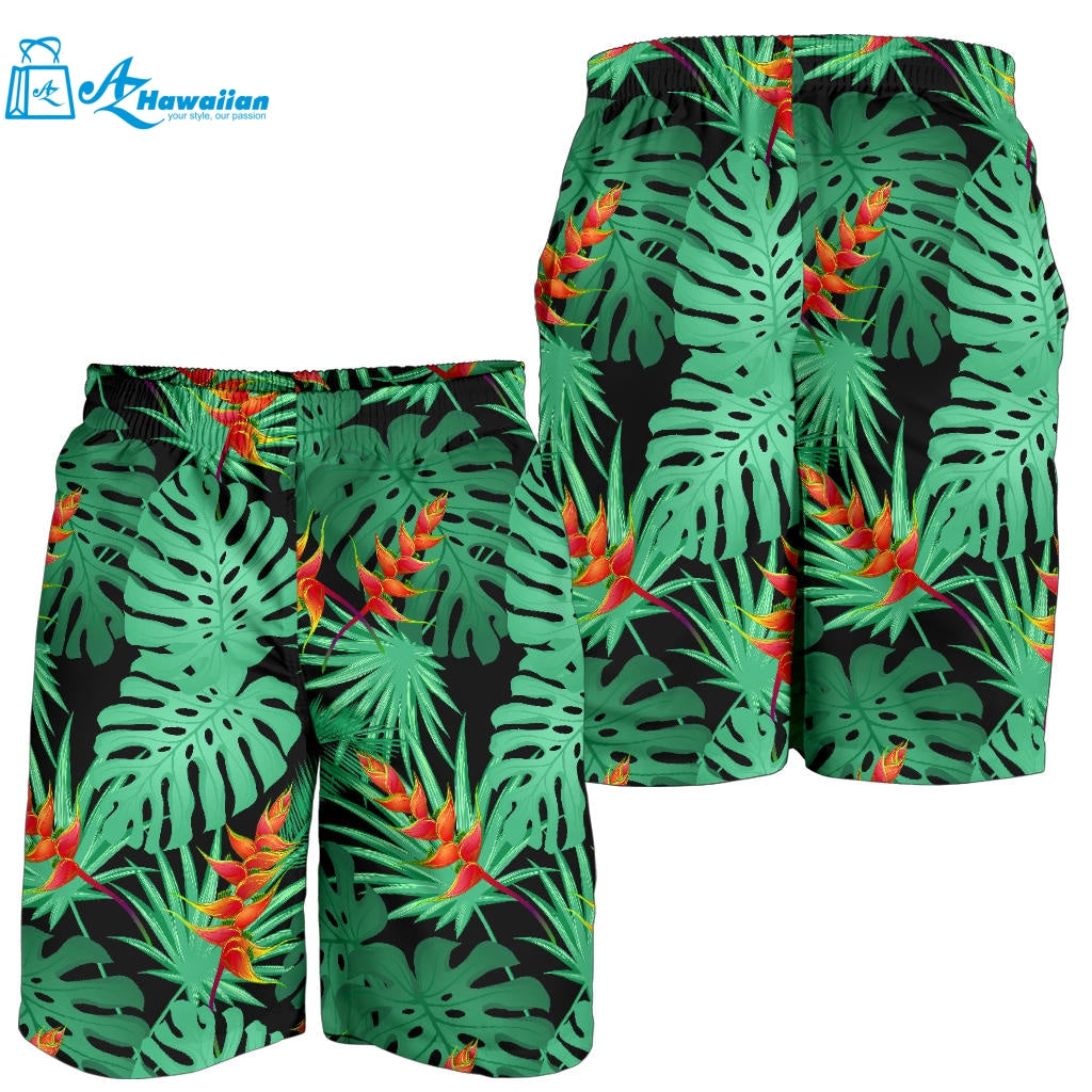 Heliconia Flower Palm Monstera Leaves Black Background Men Shorts