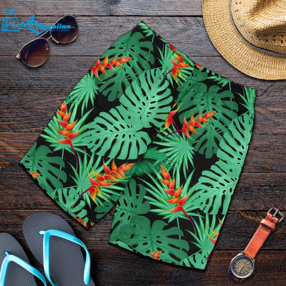 Heliconia Flower Palm Monstera Leaves Black Background Men Shorts