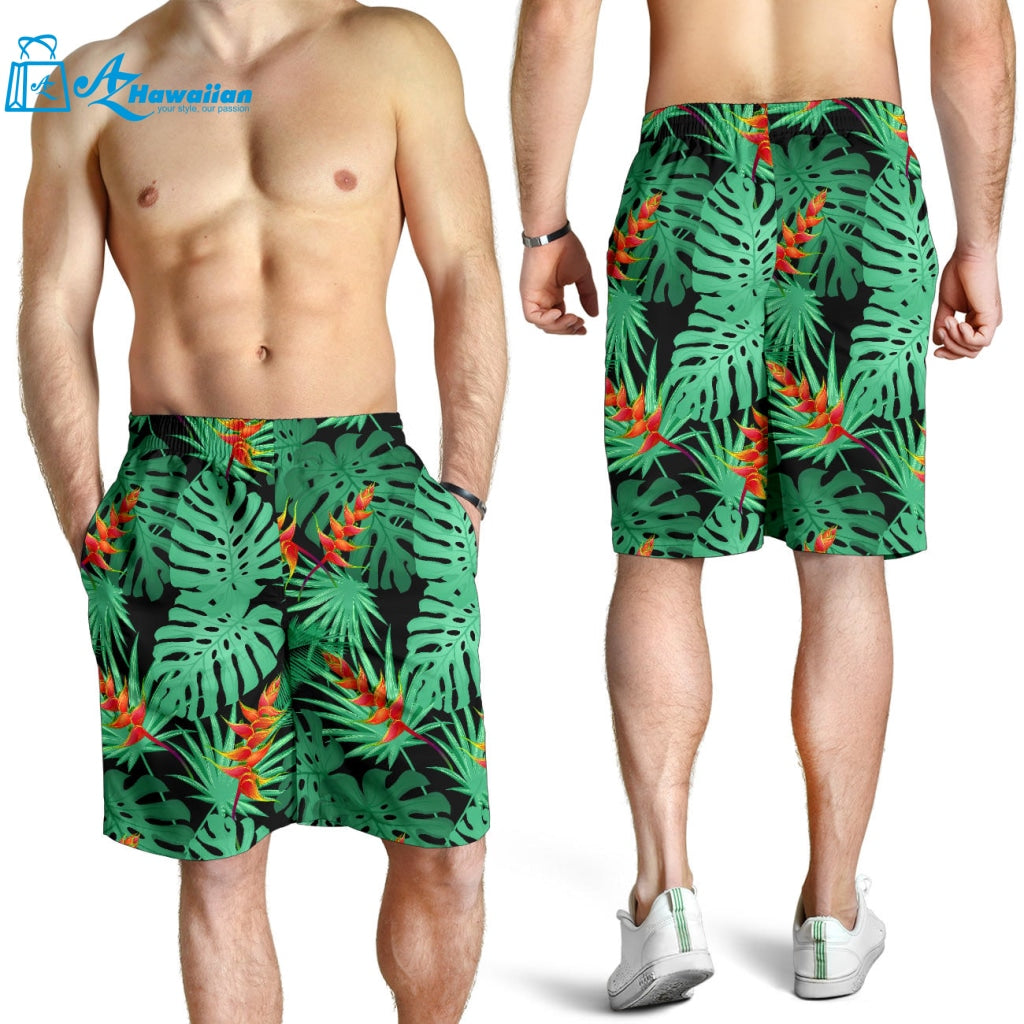 Heliconia Flower Palm Monstera Leaves Black Background Men Shorts