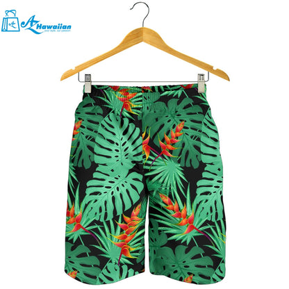 Heliconia Flower Palm Monstera Leaves Black Background Men Shorts