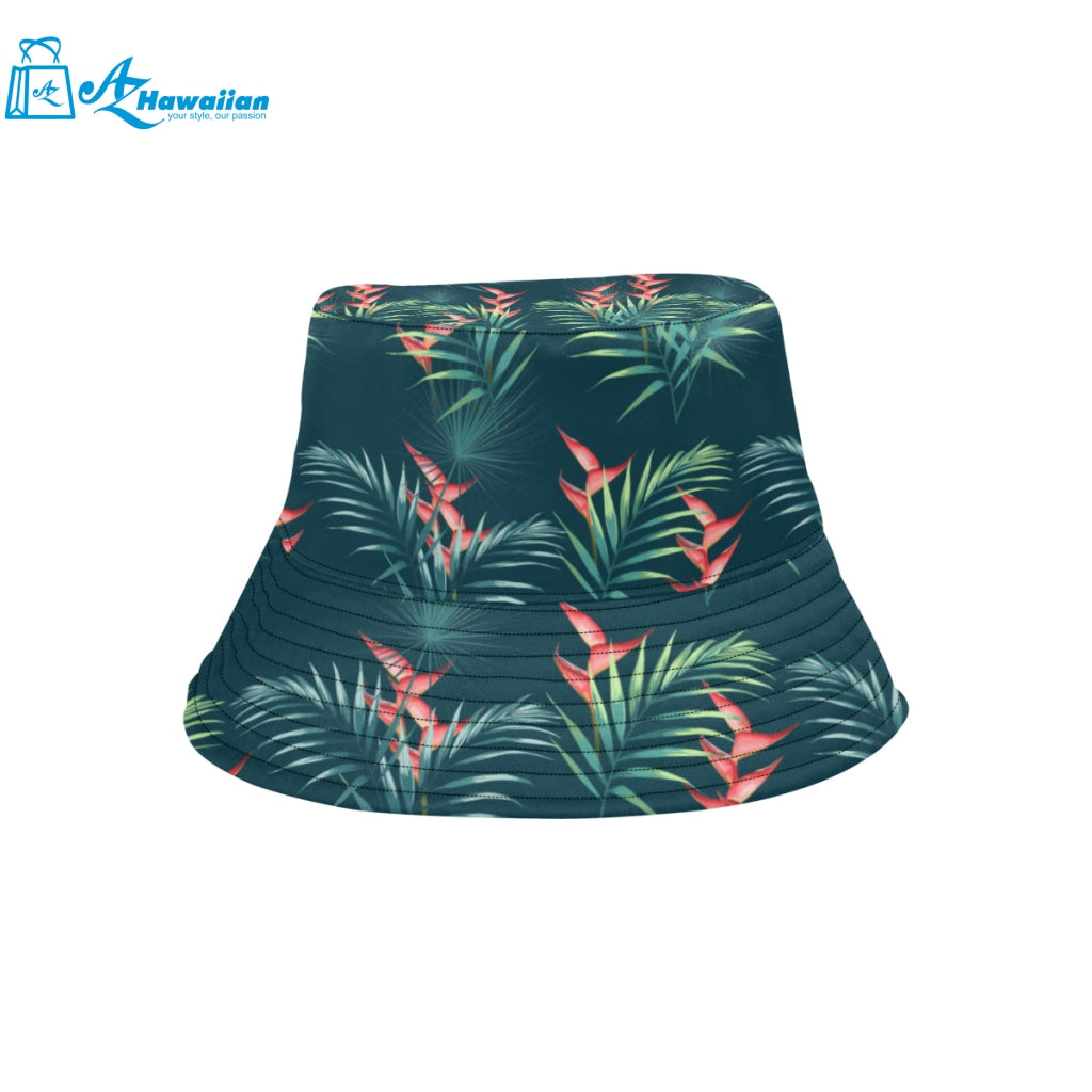 heliconia flowers, palm and monstera leaves on bla Unisex Bucket Hat