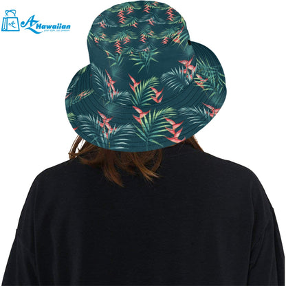 heliconia flowers, palm and monstera leaves on bla Unisex Bucket Hat