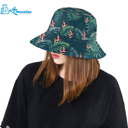 heliconia flowers, palm and monstera leaves on bla Unisex Bucket Hat