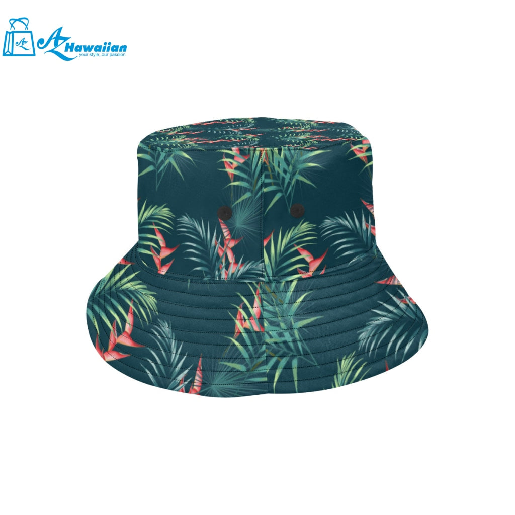 heliconia flowers, palm and monstera leaves on bla Unisex Bucket Hat