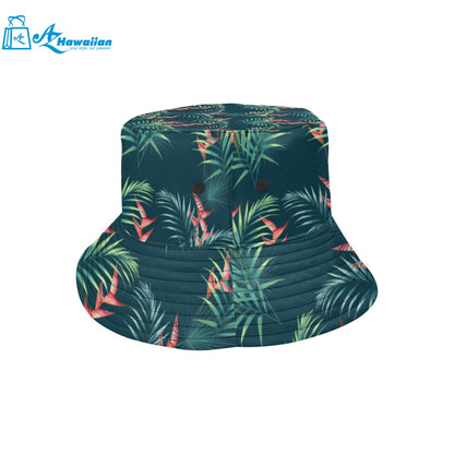 heliconia flowers, palm and monstera leaves on bla Unisex Bucket Hat