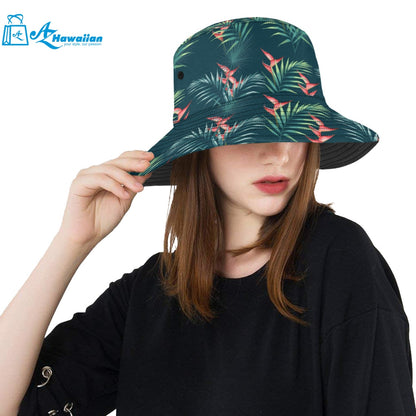 heliconia flowers, palm and monstera leaves on bla Unisex Bucket Hat