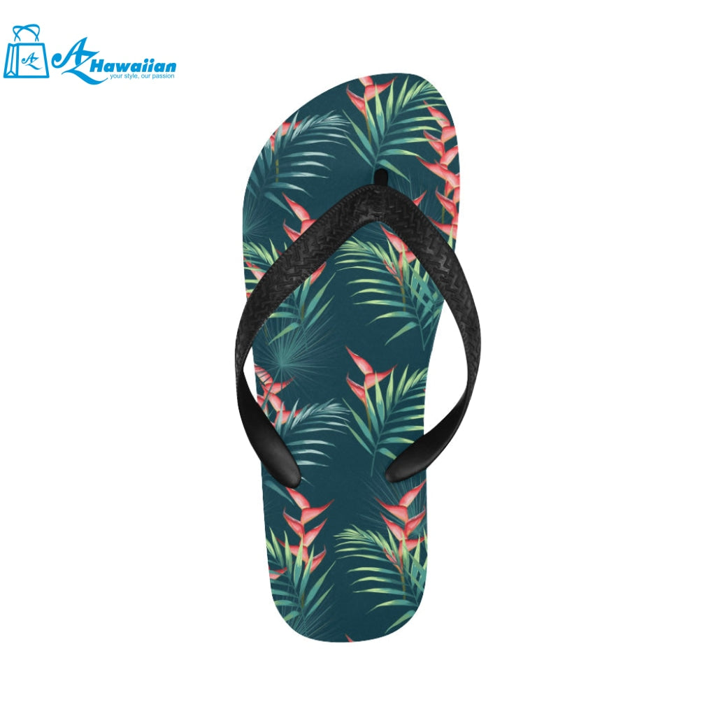 heliconia flowers, palm and monstera leaves on bla Unisex Flip Flops