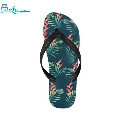 heliconia flowers, palm and monstera leaves on bla Unisex Flip Flops