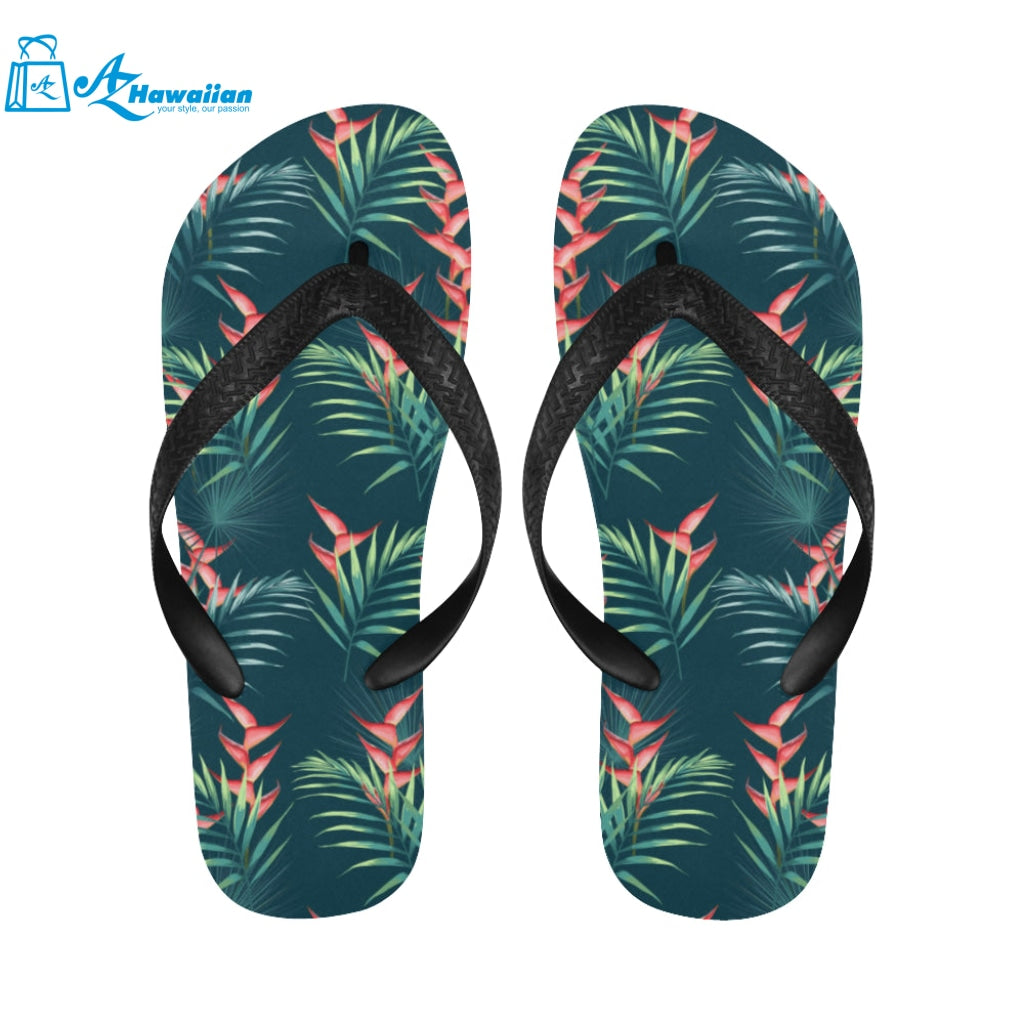 heliconia flowers, palm and monstera leaves on bla Unisex Flip Flops