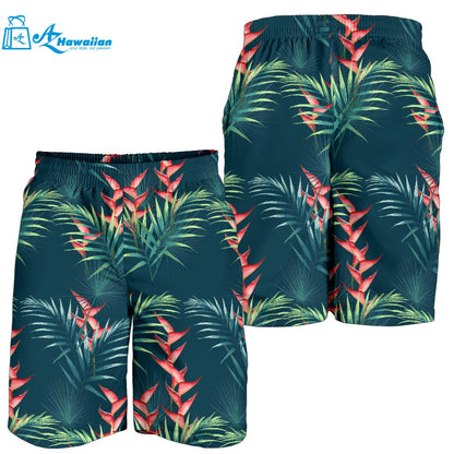 Heliconia Flowers, Palm And Monstera Leaves On Black Background Pattern Men Shorts