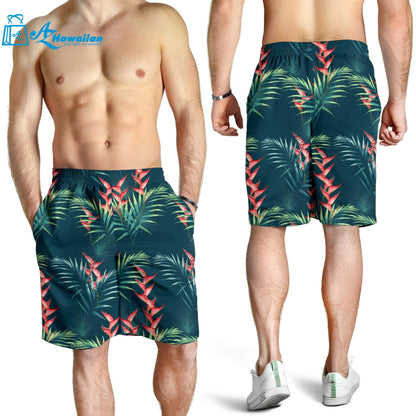 Heliconia Flowers, Palm And Monstera Leaves On Black Background Pattern Men Shorts