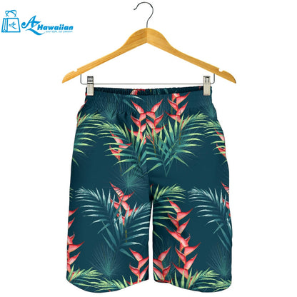 Heliconia Flowers, Palm And Monstera Leaves On Black Background Pattern Men Shorts