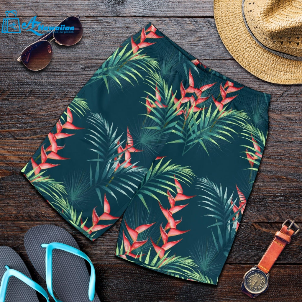 Heliconia Flowers, Palm And Monstera Leaves On Black Background Pattern Men Shorts