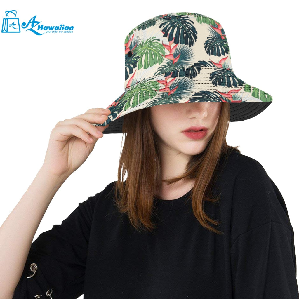 heliconia flowers, palm and monstera leaves Unisex Bucket Hat