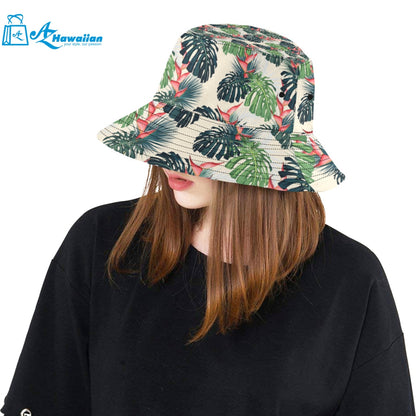 heliconia flowers, palm and monstera leaves Unisex Bucket Hat