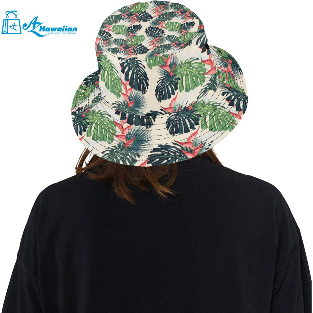 heliconia flowers, palm and monstera leaves Unisex Bucket Hat