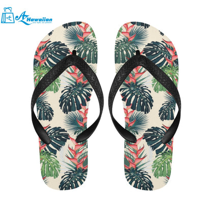 heliconia flowers, palm and monstera leaves Unisex Flip Flops