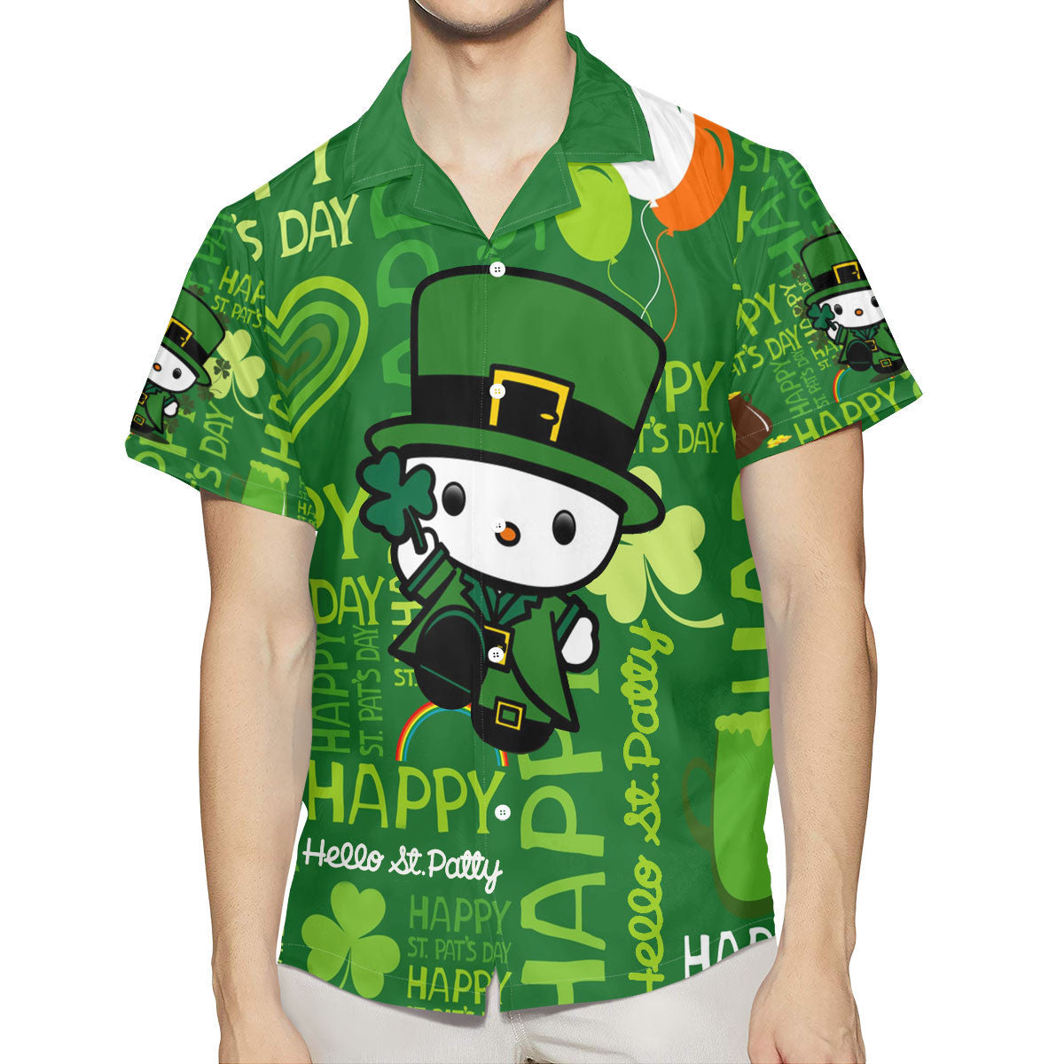 Hello Kitty Fan Gift, Kitty Leprechaun St Patrick's Day Fan Gift, Hello and Patty Hawaiian Graphic Print Short Sleeve 