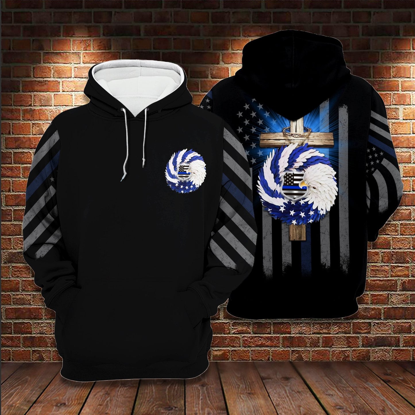 Back The Blue Eagle Wreath Christian Cross Flag 3D All Over Printed Hoodie Us Unisex Hoodie Size