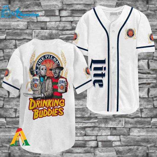 Horror Freddy & Jason Drinking Buddies Miller Lite Baseball Jersey